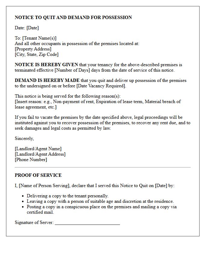 Notice to Quit and Demand for Possession Letter