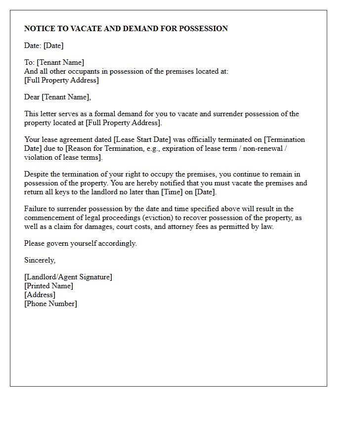 Post-Lease Termination Demand for Possession Letter