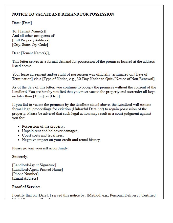 Residential Post-Termination Demand for Possession Letter