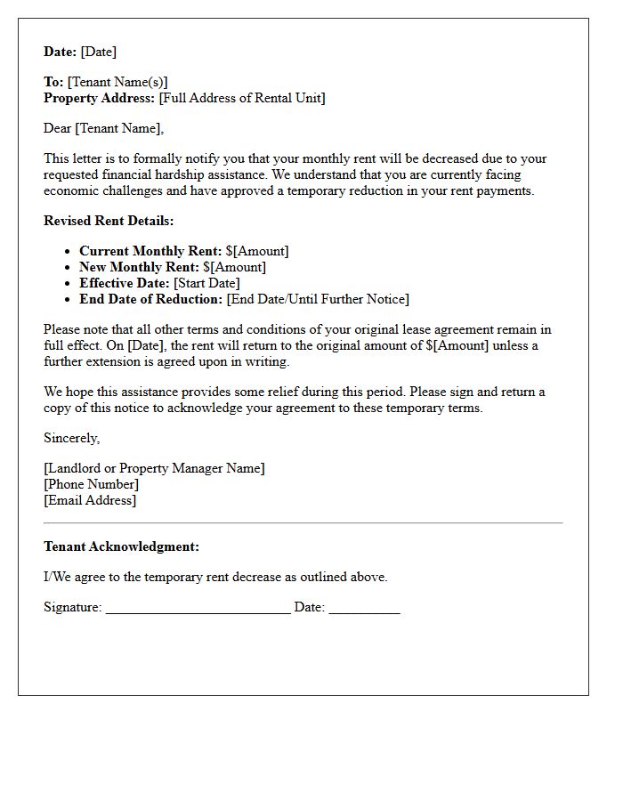 Notice of Rent Decrease Letter Due to Financial Hardship Assistance