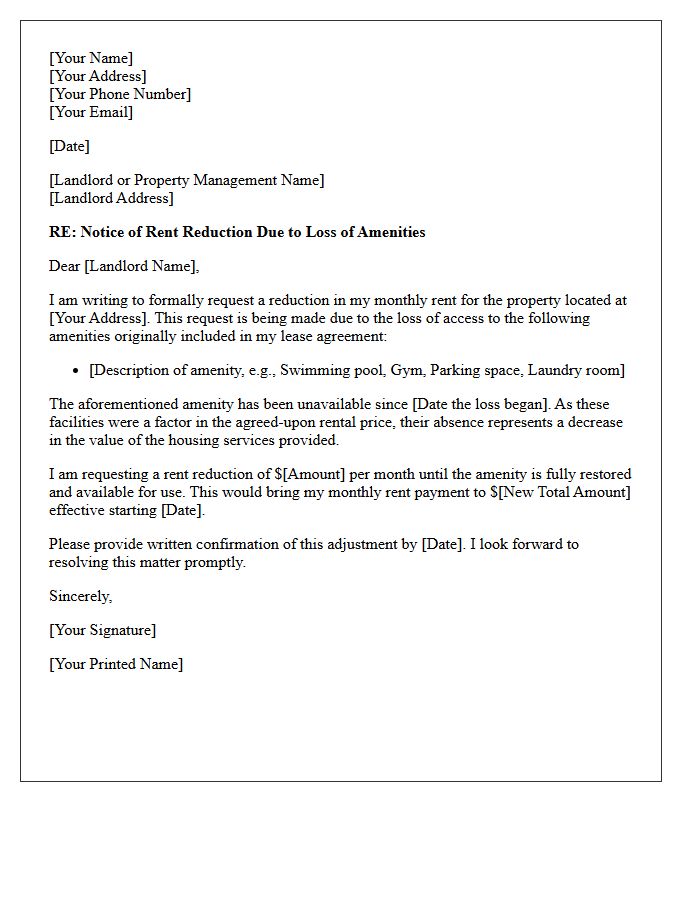 Notice of Rent Decrease Letter Following Loss of Amenities