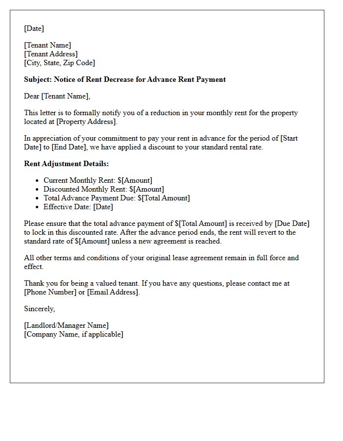 Notice of Rent Decrease Letter for Advance Rent Payment