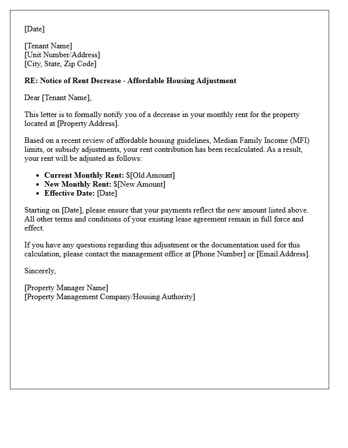 Notice of Rent Decrease Letter for Affordable Housing Adjustment