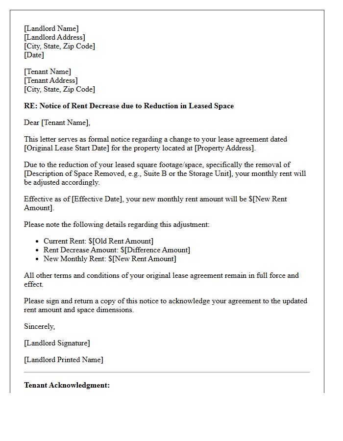 Notice of Rent Decrease Letter Regarding Reduced Leased Space
