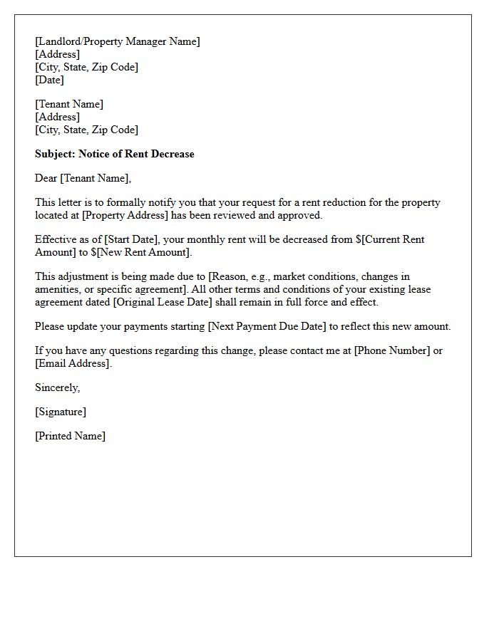 Notice of Rent Decrease Letter Upon Approved Tenant Request