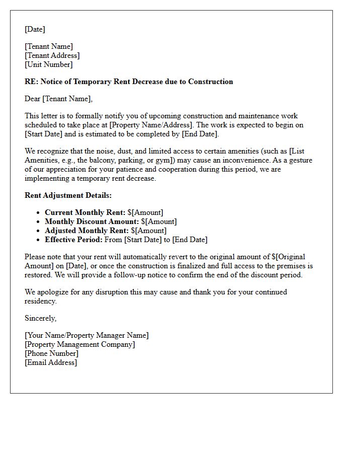 Temporary Notice of Rent Decrease Letter for Property Construction