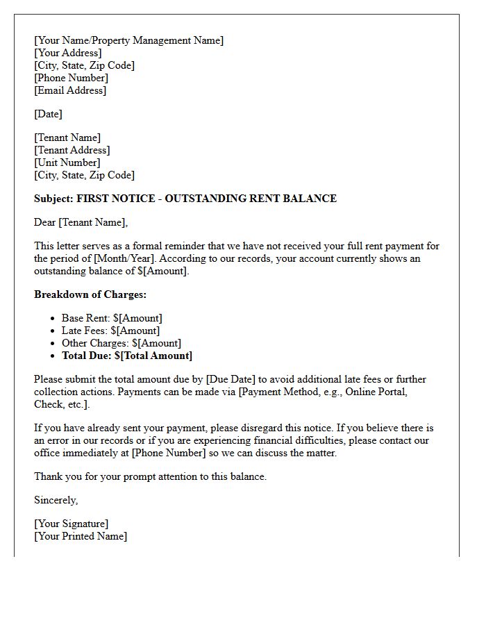 First Notice of Outstanding Rent Balance Letter