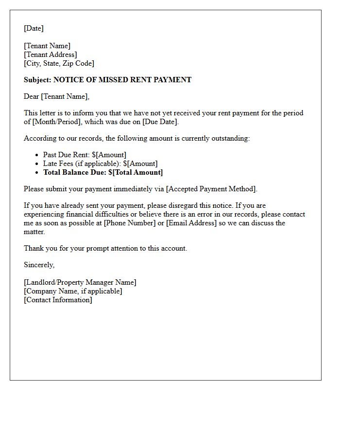 Initial Notice of Missed Rent Payment Letter