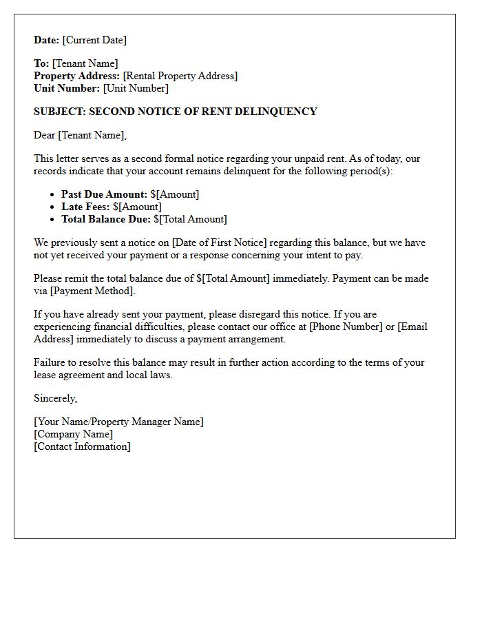 Continued Rent Delinquency Second Notice Letter
