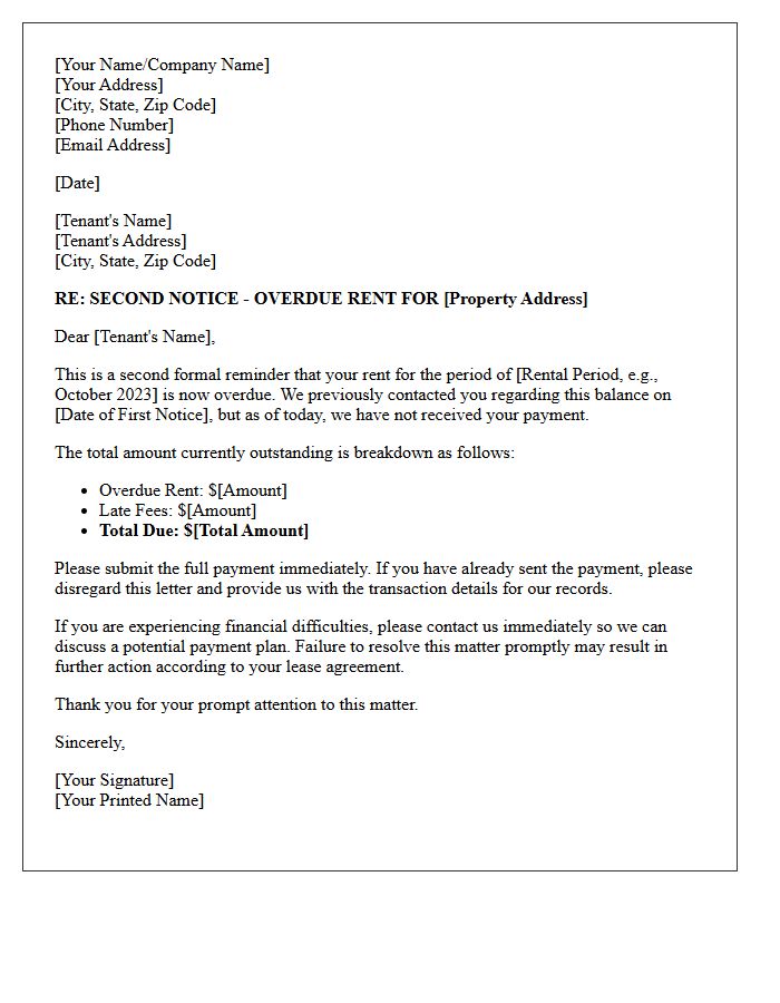 Overdue Rent Second Reminder Notice Letter