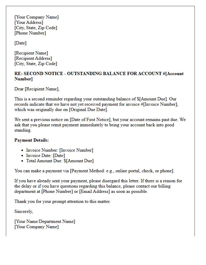 Second Notice of Outstanding Account Balance Letter