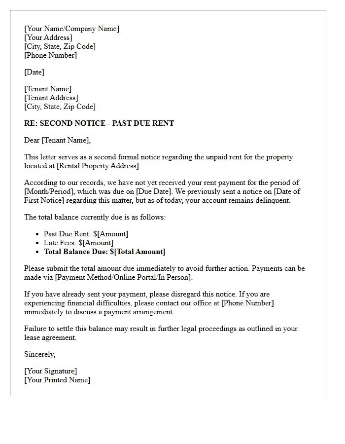 Second Notice of Past Due Rent Letter