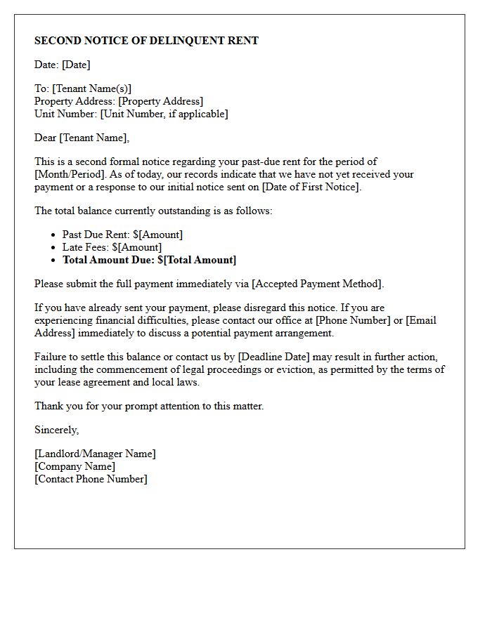 Tenant Second Notice of Delinquent Rent Letter