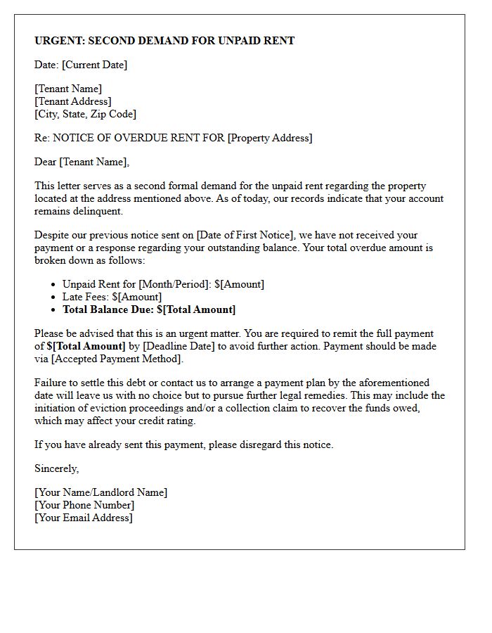 Urgent Second Demand for Unpaid Rent Letter