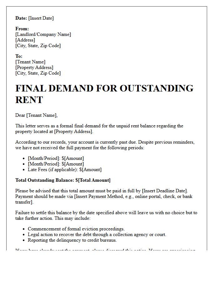 Final Demand for Outstanding Rent Balance Letter