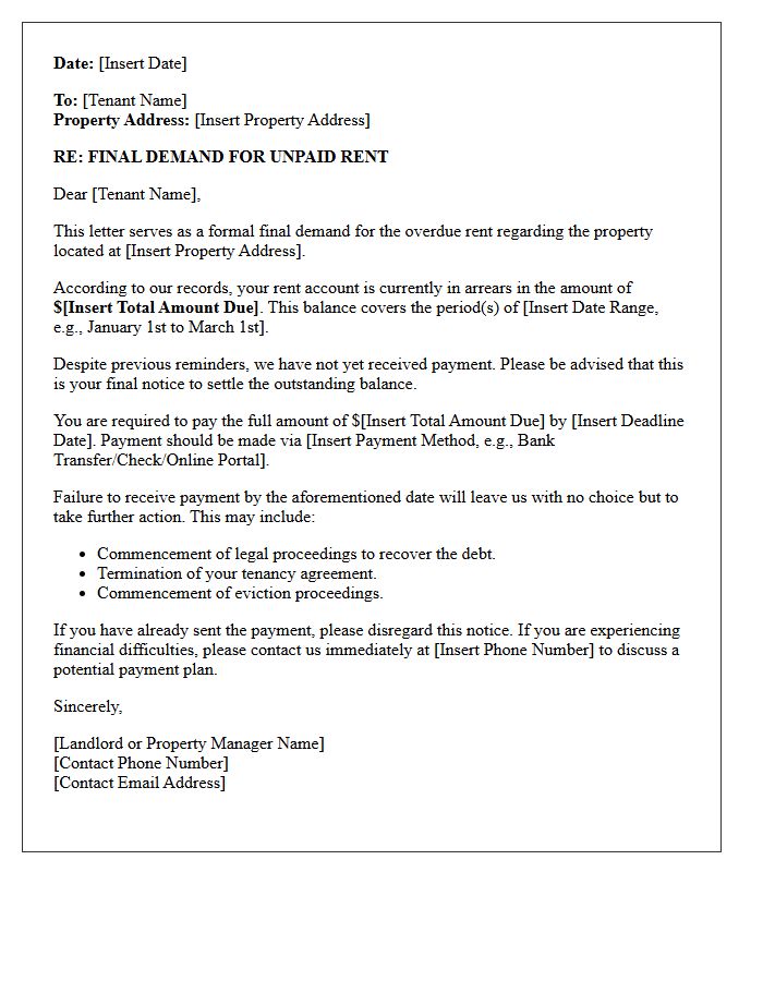 Final Demand for Rent Payment Letter