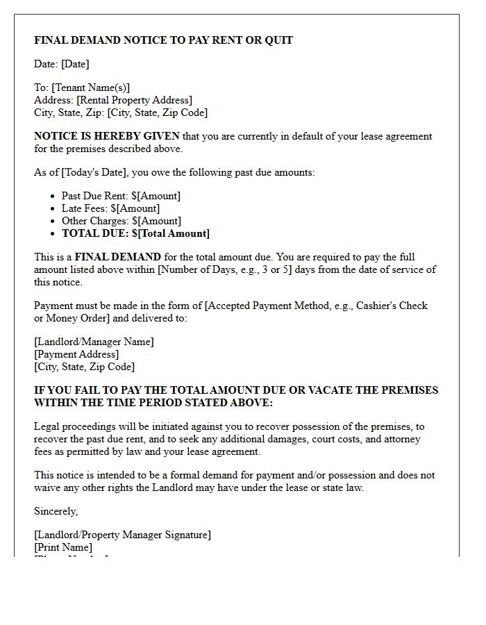 Notice to Pay or Quit Final Demand Letter