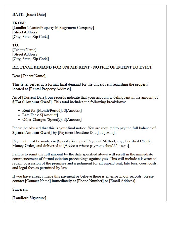 Pre-Eviction Final Rent Payment Demand Letter