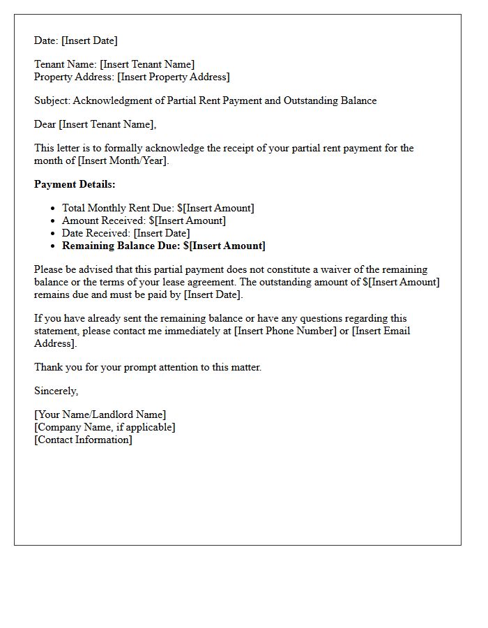 Acknowledgment Letter of Partial Rent and Outstanding Balance