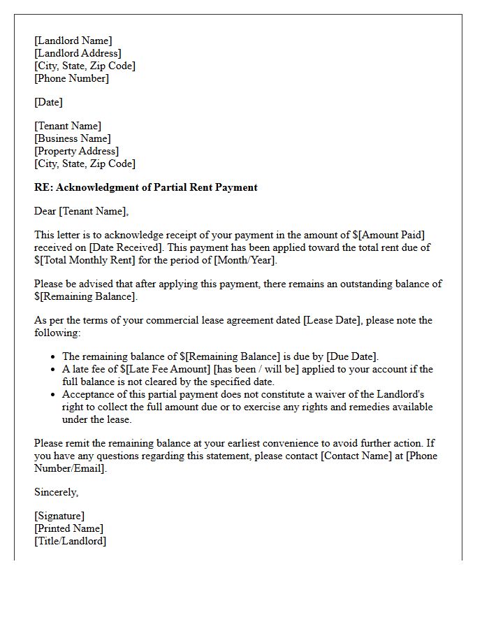 Commercial Lease Letter for Partial Rent Acknowledgment