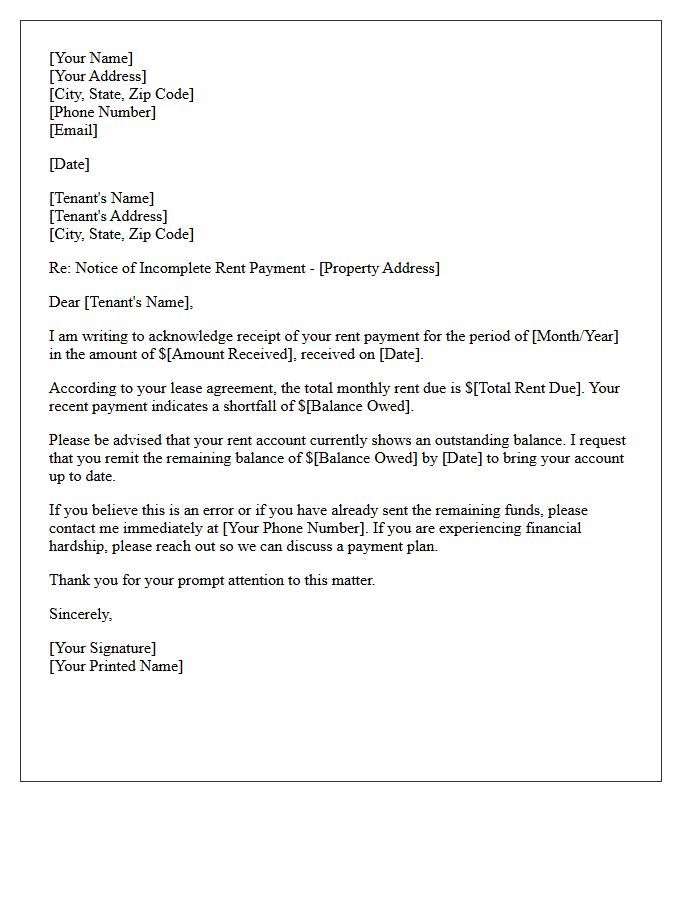 Formal Letter Acknowledging Incomplete Rent Remittance