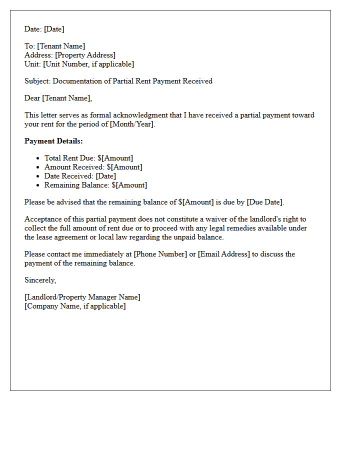 Letter Documenting Partial Rent Payment Received