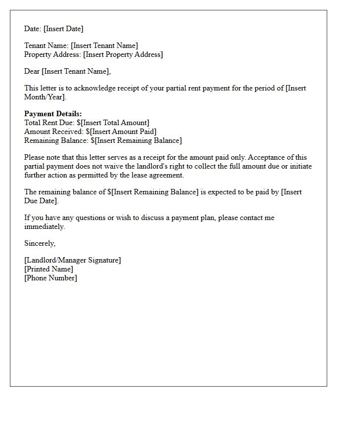 Letter of Acknowledgment for Partial Rent Payment
