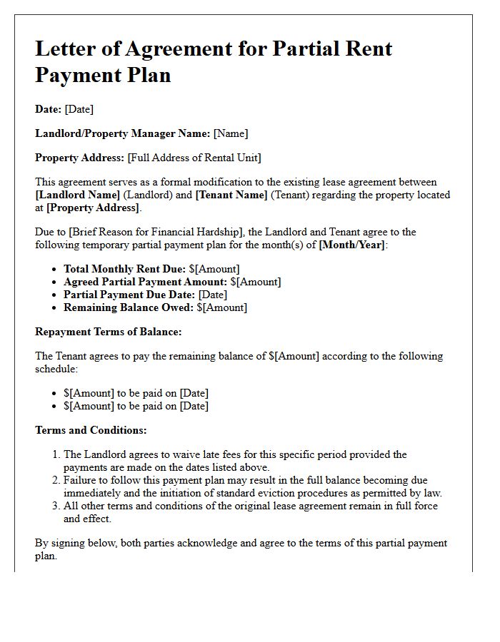 Letter of Agreement for Partial Rent Payment Plan