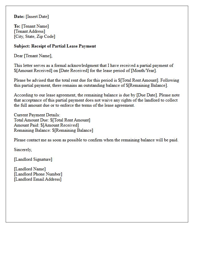 Letter of Receipt for Partial Lease Payment