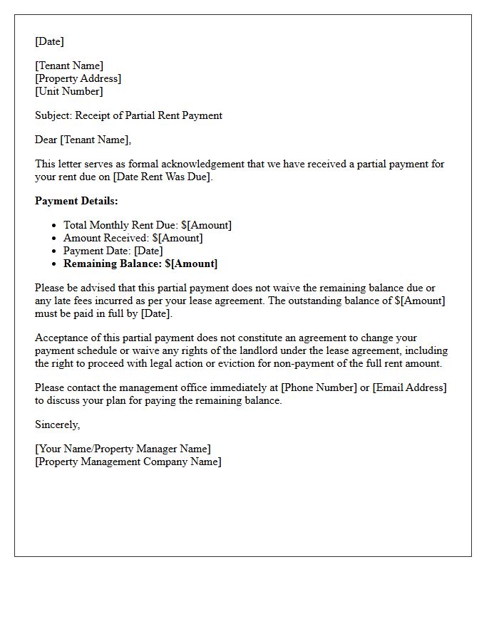 Property Management Letter for Partial Rent Receipt