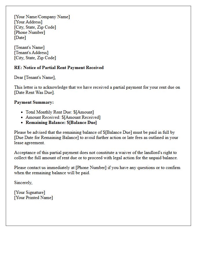 Residential Property Letter Acknowledging Partial Rent