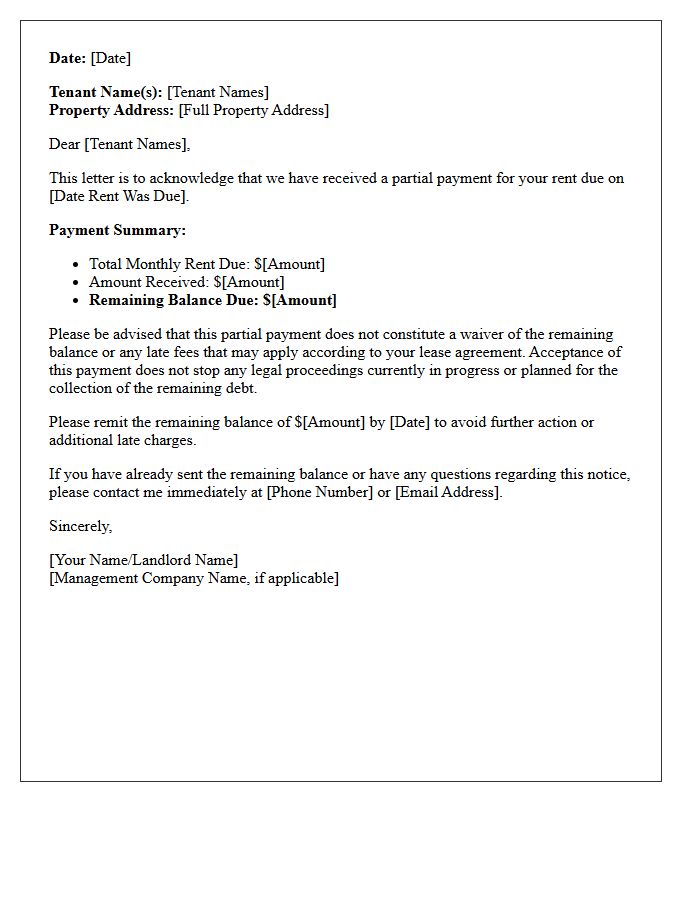 Tenant Notification Letter for Partial Rent Acknowledgment