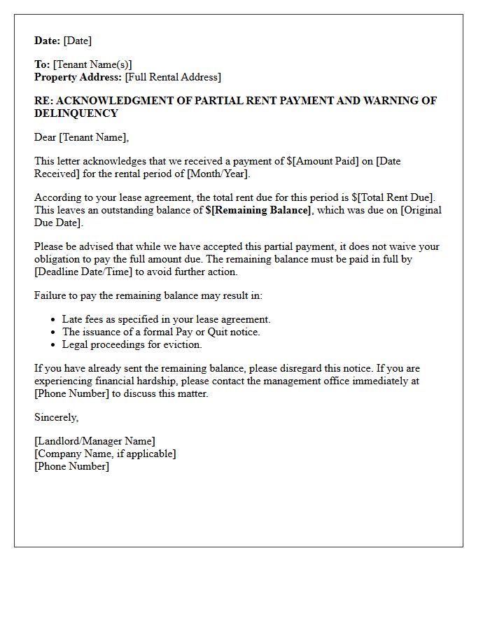 Warning Letter Accompanying Partial Rent Acknowledgment