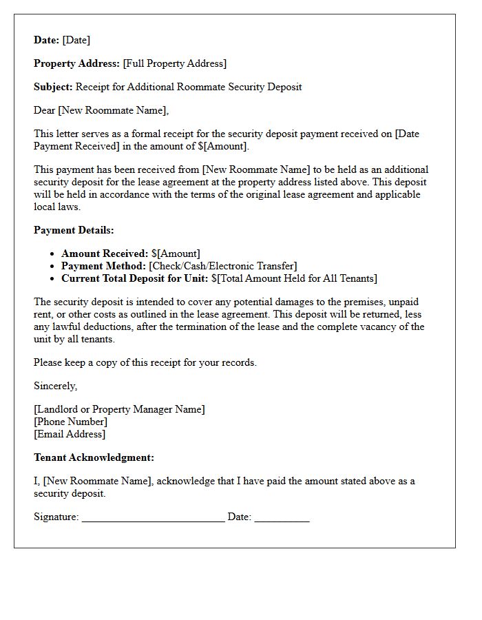 Additional Roommate Security Deposit Receipt Letter