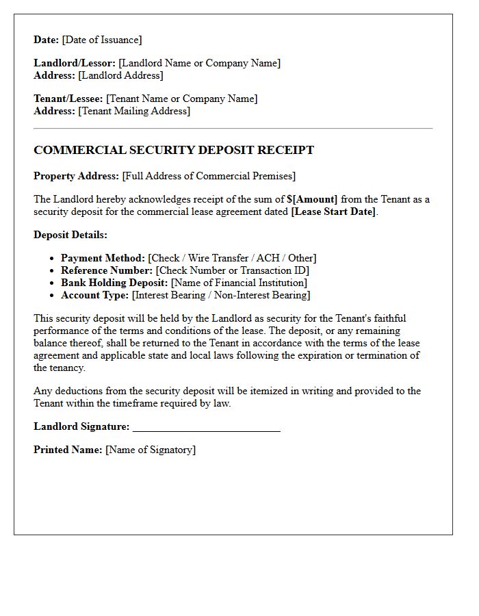 Commercial Property Security Deposit Receipt Letter