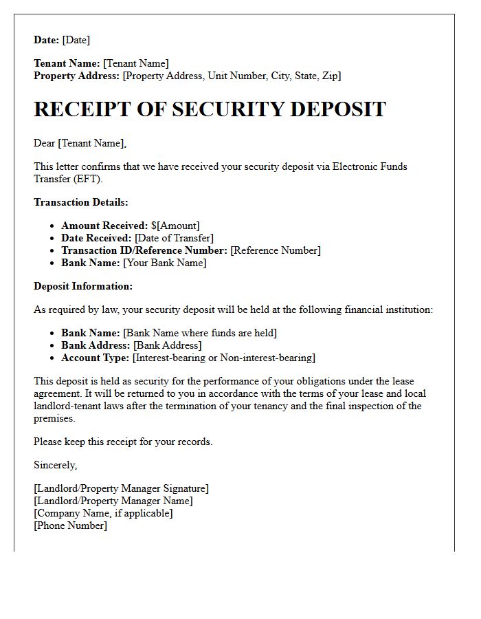 Electronic Funds Transfer Security Deposit Receipt Letter