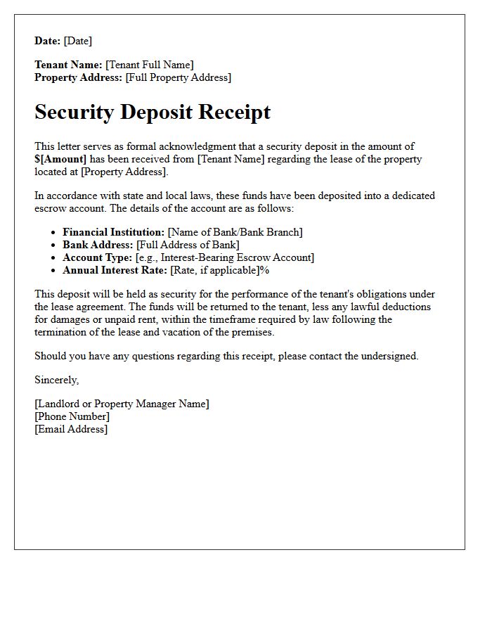 Escrow Account Security Deposit Receipt Letter