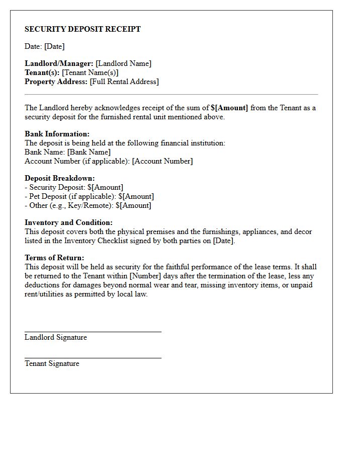 Furnished Rental Security Deposit Receipt Letter