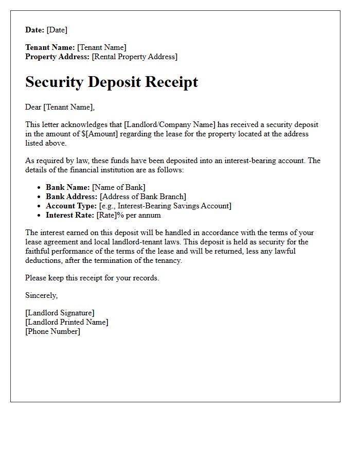 Interest-Bearing Account Security Deposit Receipt Letter