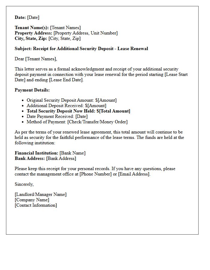 Lease Renewal Security Deposit Increase Receipt Letter