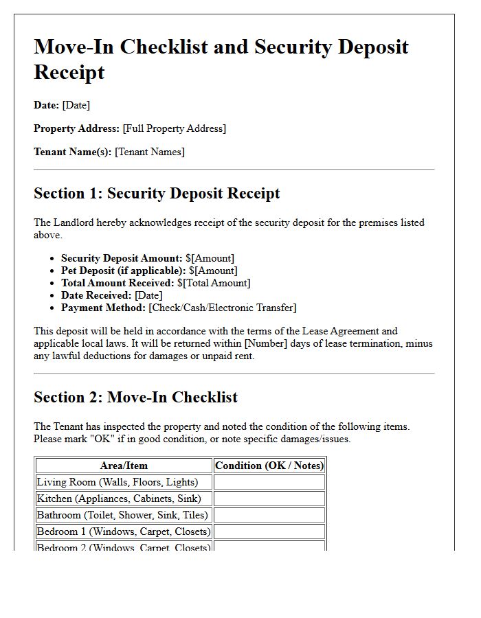 Move-In Checklist and Security Deposit Receipt Letter