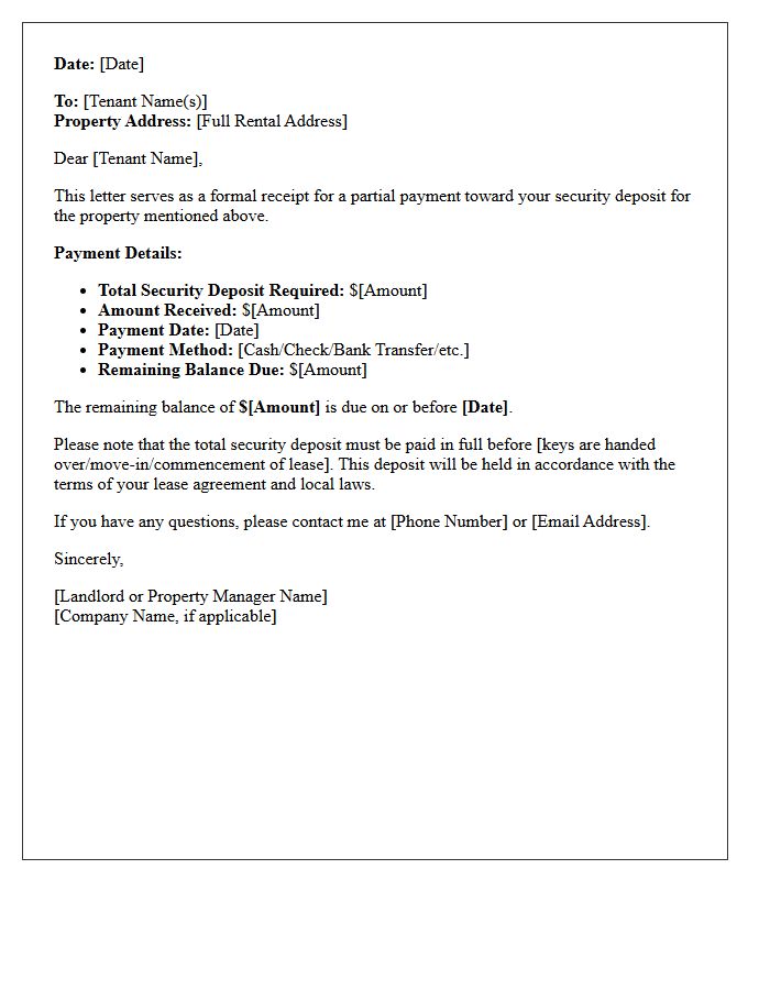Partial Security Deposit Payment Receipt Letter