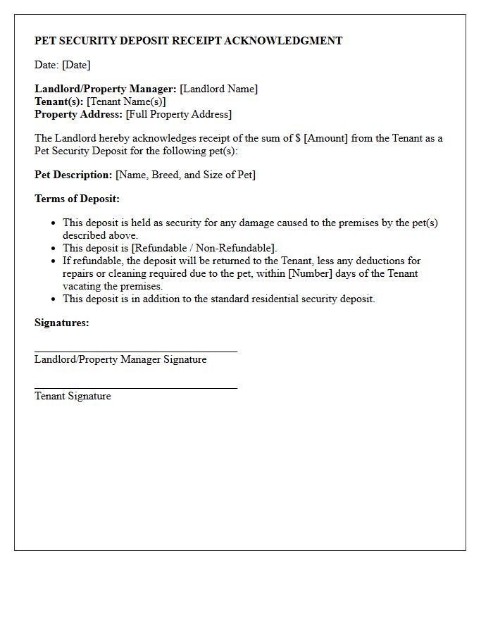 Pet Security Deposit Receipt Acknowledgment Letter