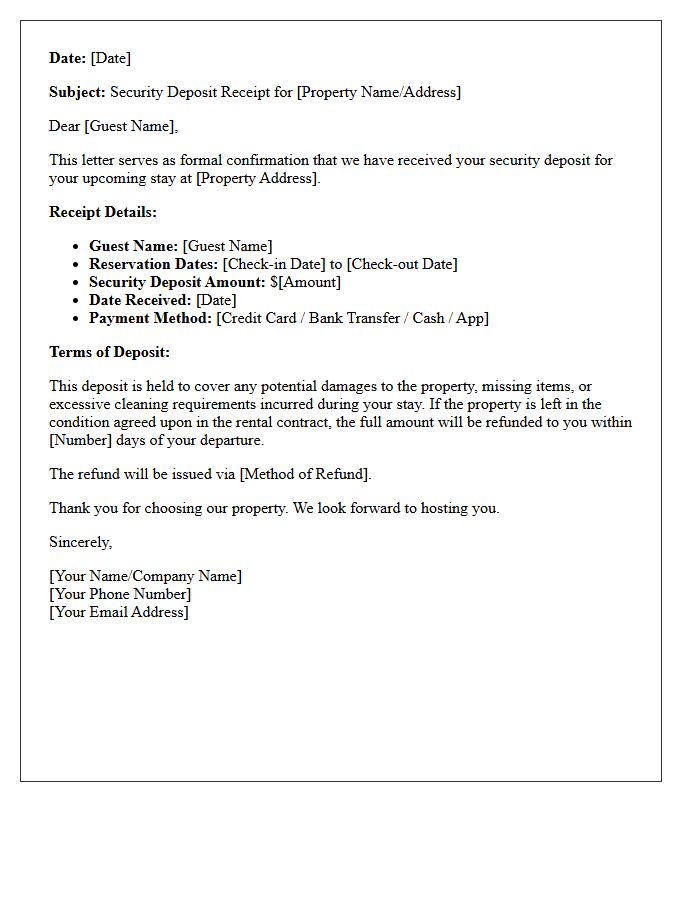 Short-Term Vacation Rental Security Deposit Receipt Letter