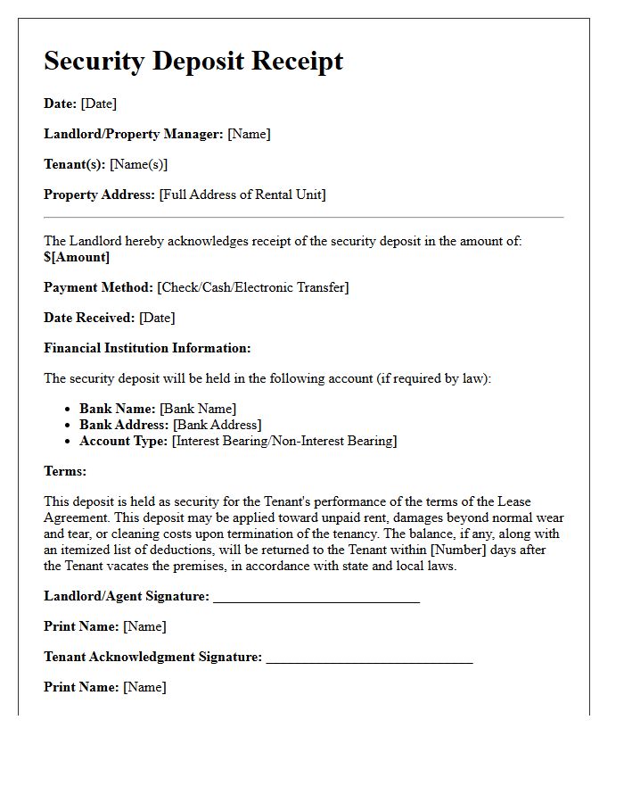 Standard Residential Security Deposit Receipt Letter