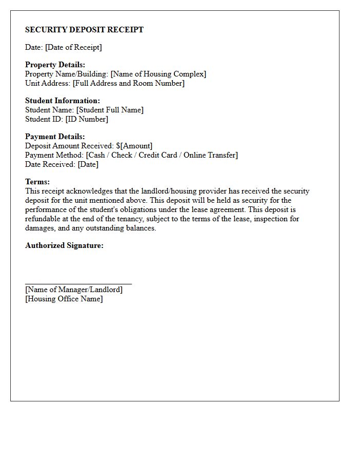 Student Housing Security Deposit Receipt Letter