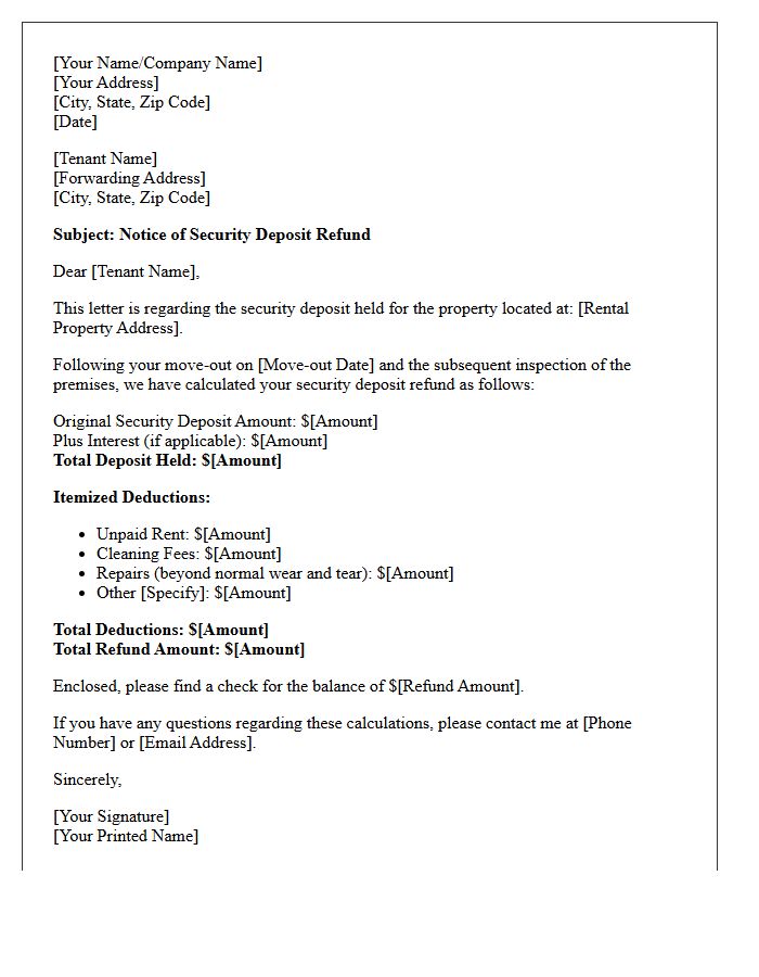 Notice of Security Deposit Refund Letter