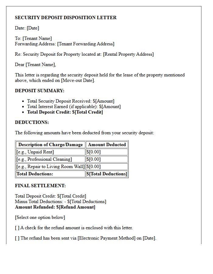 Residential Security Deposit Disposition Letter