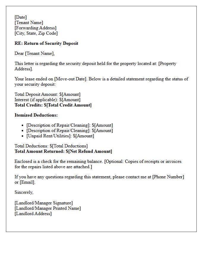 Security Deposit Return and Deduction Letter