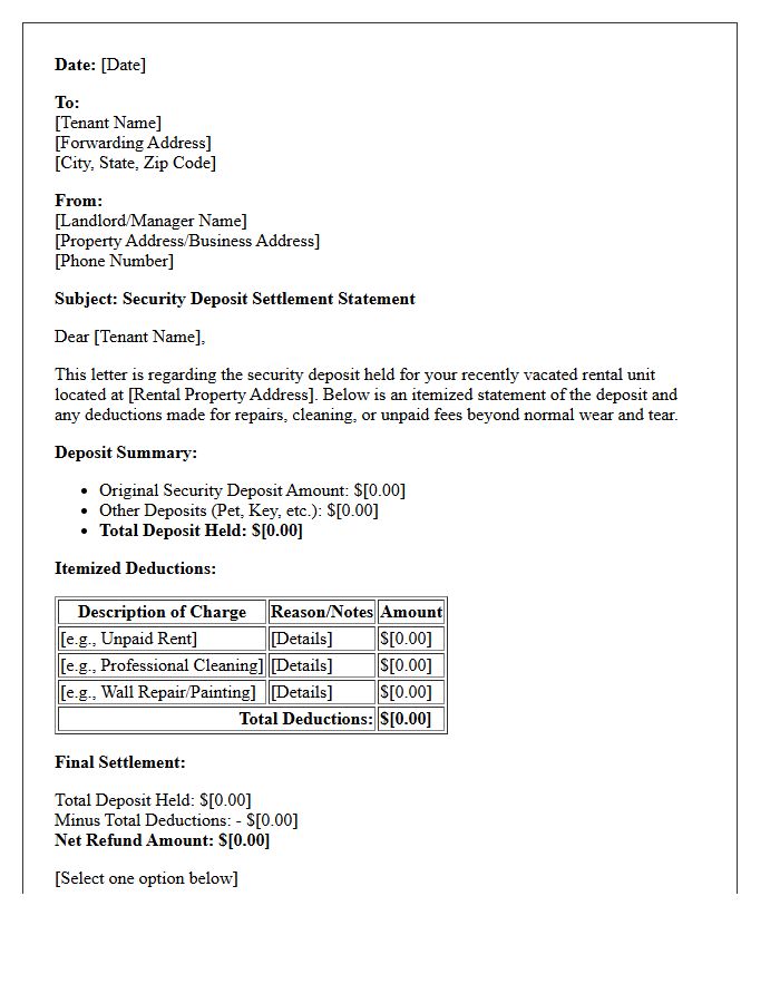 Tenant Security Deposit Settlement Letter